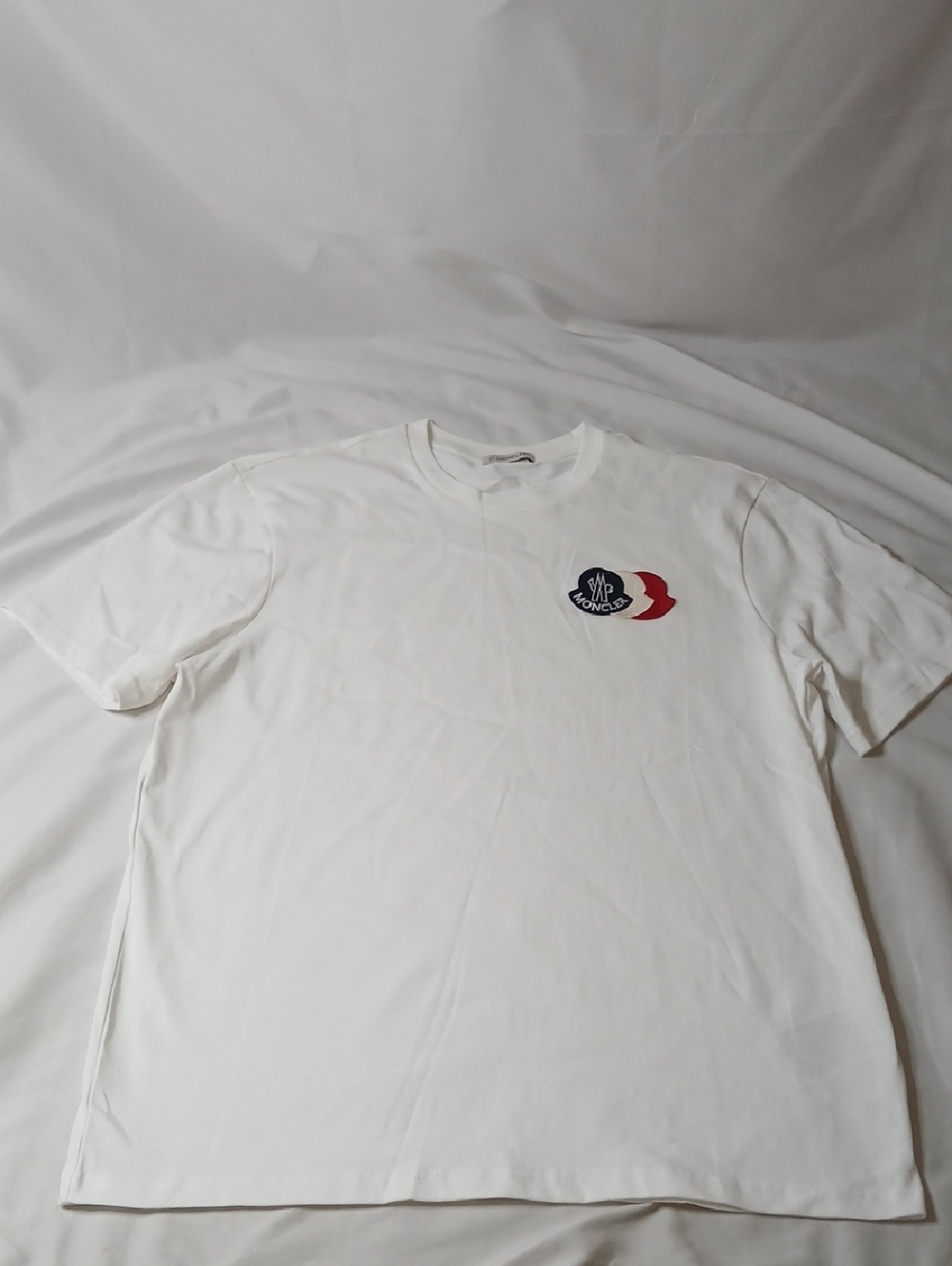 Moncler White Short-Sleeve Logo Tee with Red & Navy Detail